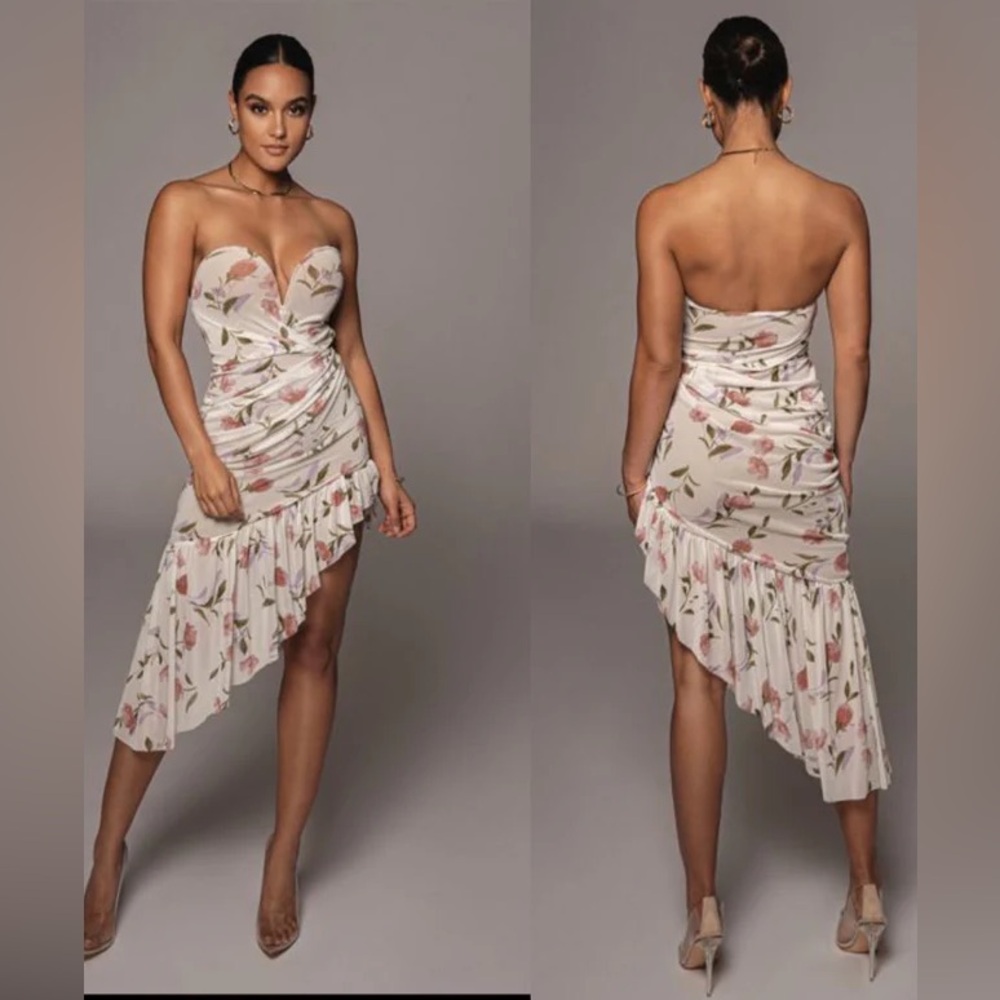JLUXLABEL Strapless Floral Dress - Cream and Pink